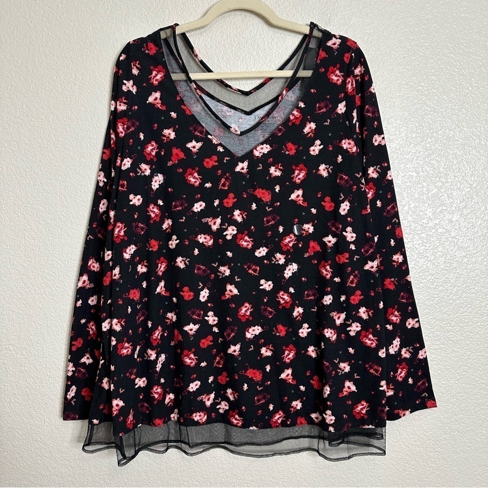 NWT Lane Bryant Floral V-neck Mesh Trim Long Sleeves Top, Size 14/16